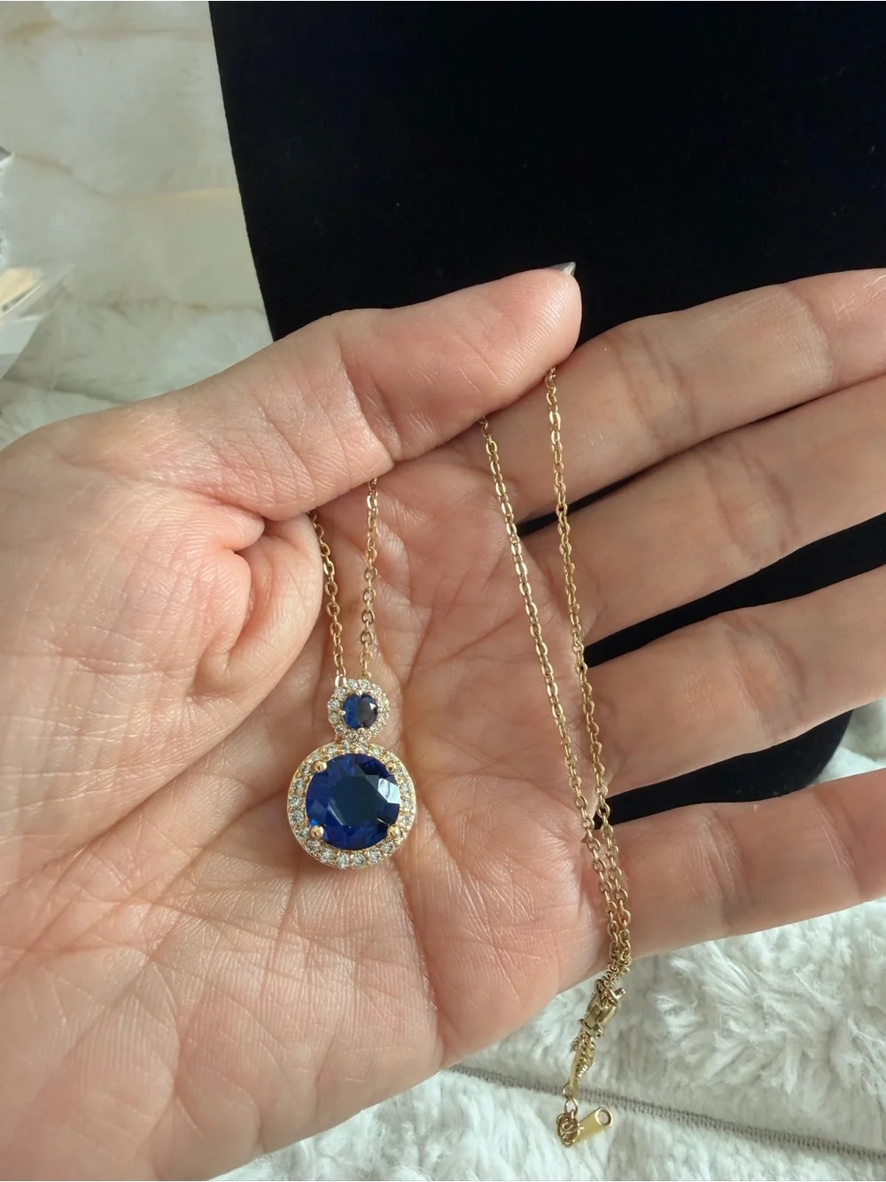 Gold Chain Necklace with Blue Crystal Pendant